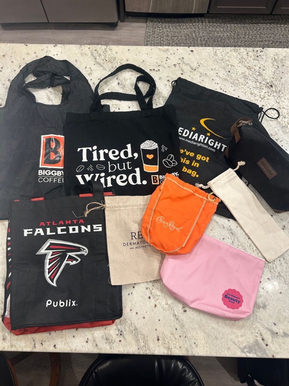 Assorted Branded Tote & Pouch bags grocery totes, makeup travel bags,crown royal